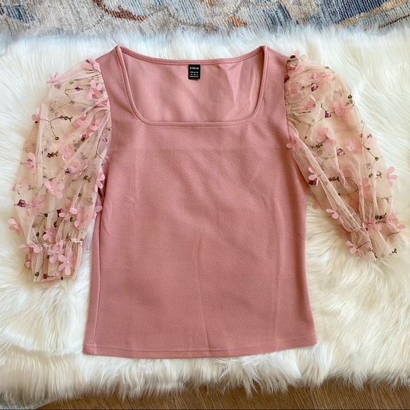 NWOT SHEIN Size M Square Neck Tulle Puff Sleeve Blouse Pink 3D Floral appliqués - Picture 3 of 11